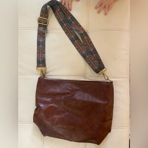 Brown Leather Crossbody Bag with Patterned Strap